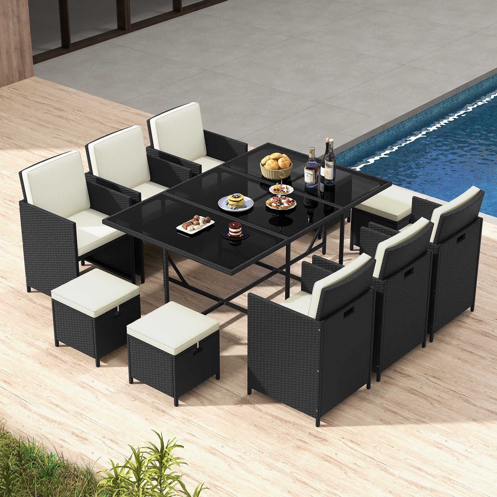 11 Pieces Patio Dining Set with Ottomans for Garden Yard Poolside-Grey
