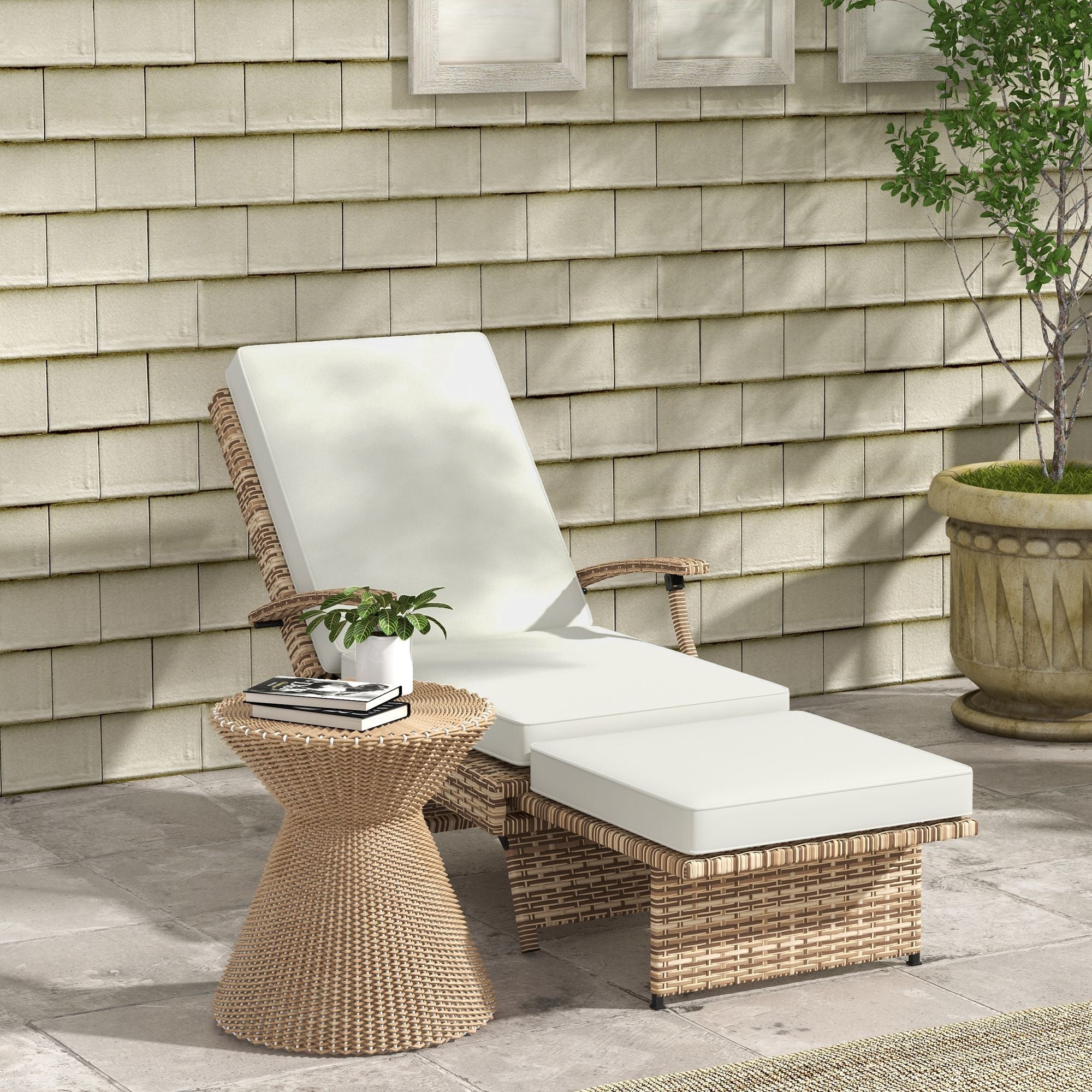 Outsunny Foldable Rattan Garden Recliner Chair w/ Cushion, Footrest