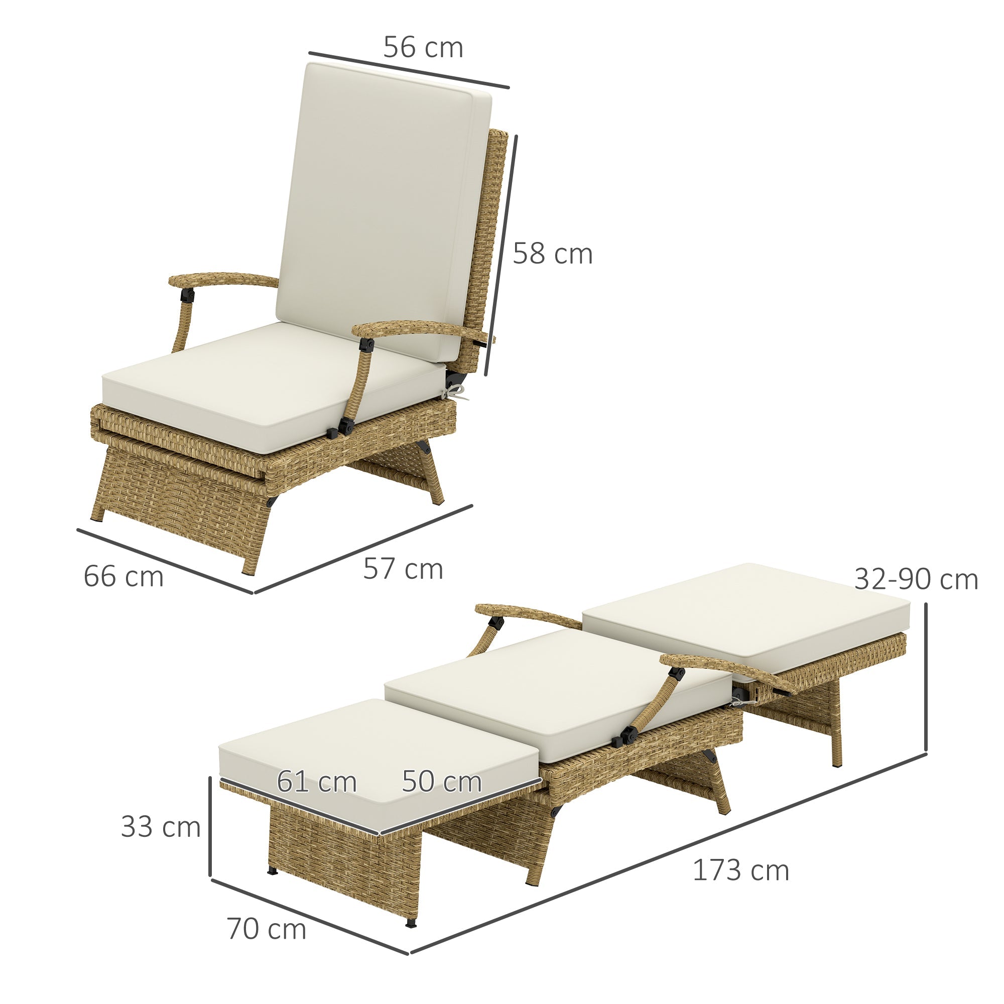 Outsunny Foldable Rattan Garden Recliner Chair w/ Cushion, Footrest