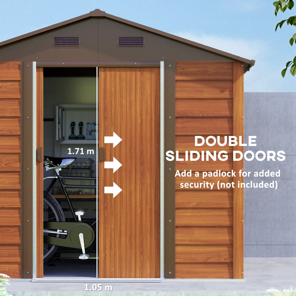Outsunny 8 x 6ft Garden Storage Shed with Sliding Door - Brown Wood Effect