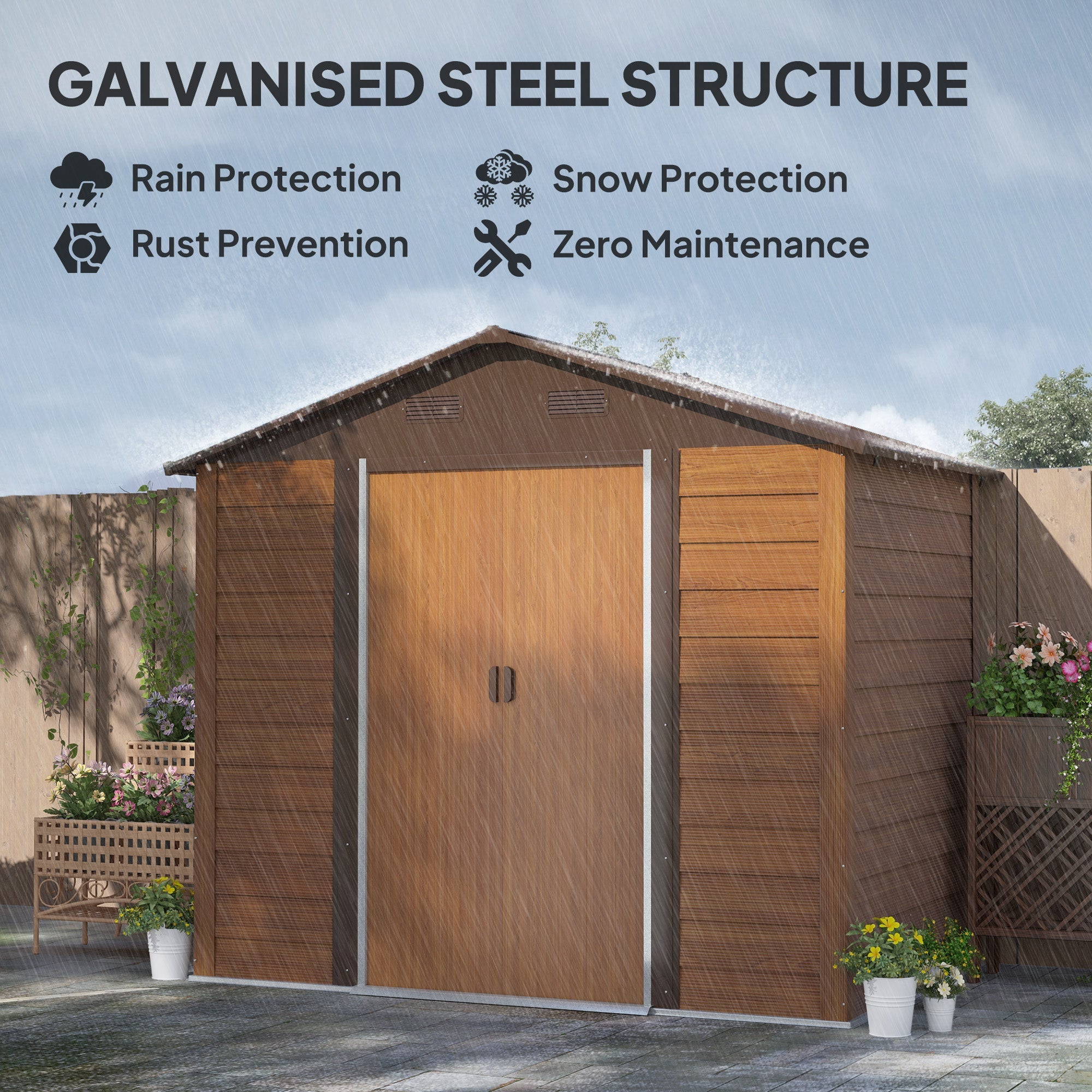 Outsunny 8 x 6ft Garden Storage Shed with Sliding Door - Brown Wood Effect